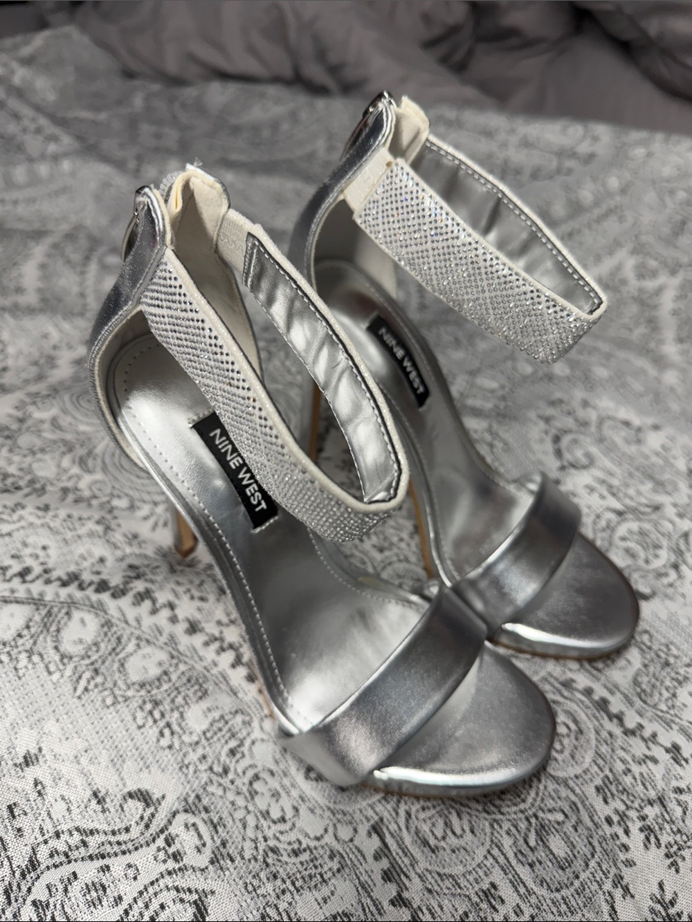 Nine West Silver Metallic Rhinestone Ankle-Strap Heels - Size 5.5